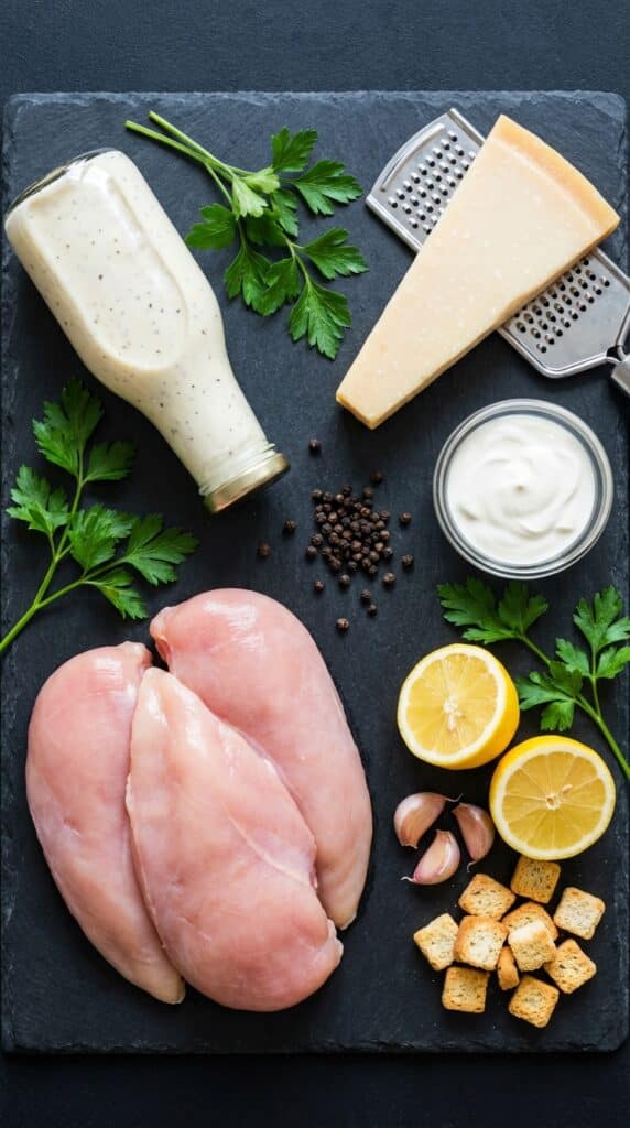 A flat lay showing raw chicken breasts, a bottle of Caesar dressing, sour cream, a wedge of Parmesan cheese, and parsley on a dark slate board.