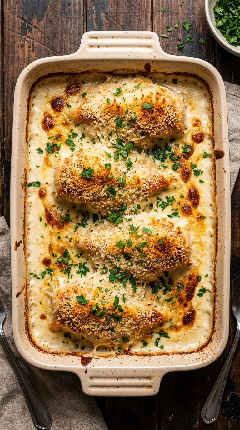 A top-down view of a ceramic baking dish filled with four chicken breasts covered in a bubbly, golden-brown creamy Parmesan Caesar sauce and garnished with parsley.