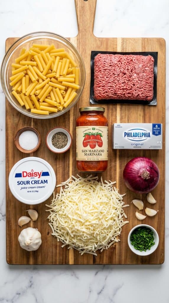 A flat lay showing dry ziti pasta, ground beef, marinara sauce, cream cheese, sour cream, and mozzarella on a wooden board.