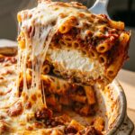 A spatula lifting a scoop of baked ziti, showing a dramatic cheese pull and a hidden creamy white layer inside the pasta.