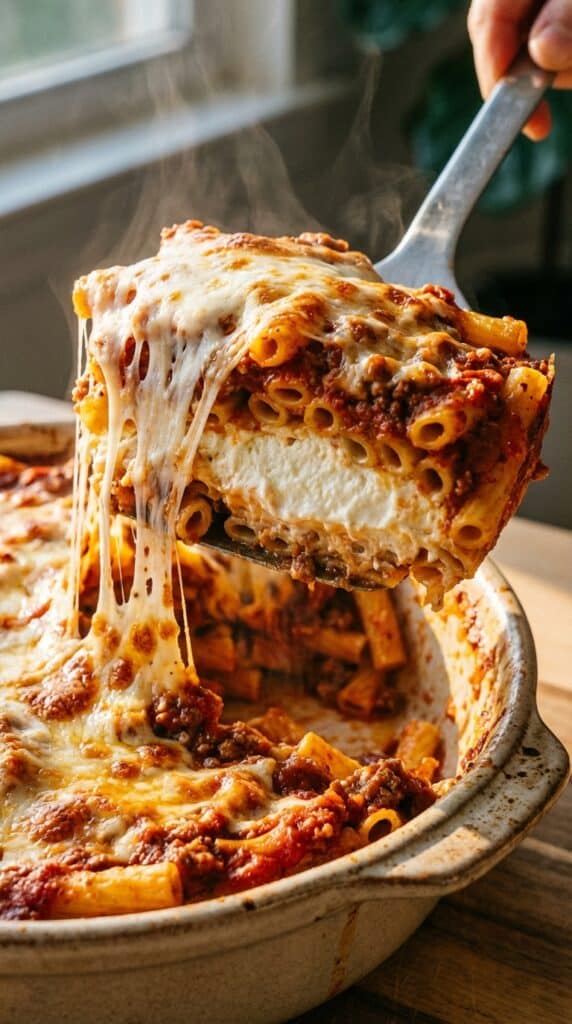 A spatula lifting a scoop of baked ziti, showing a dramatic cheese pull and a hidden creamy white layer inside the pasta.