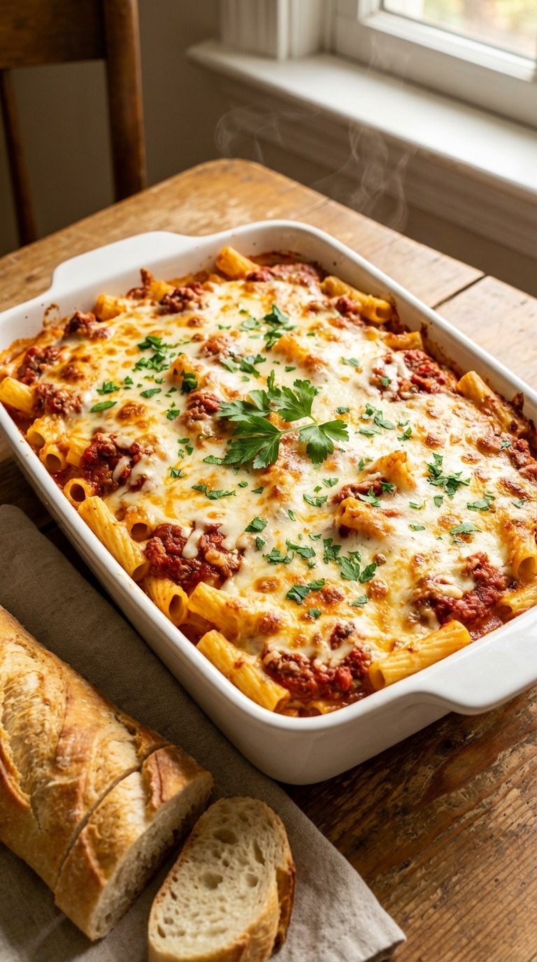 A 9x13 baking dish filled with bubbling baked ziti, topped with golden-brown melted mozzarella and fresh parsley.