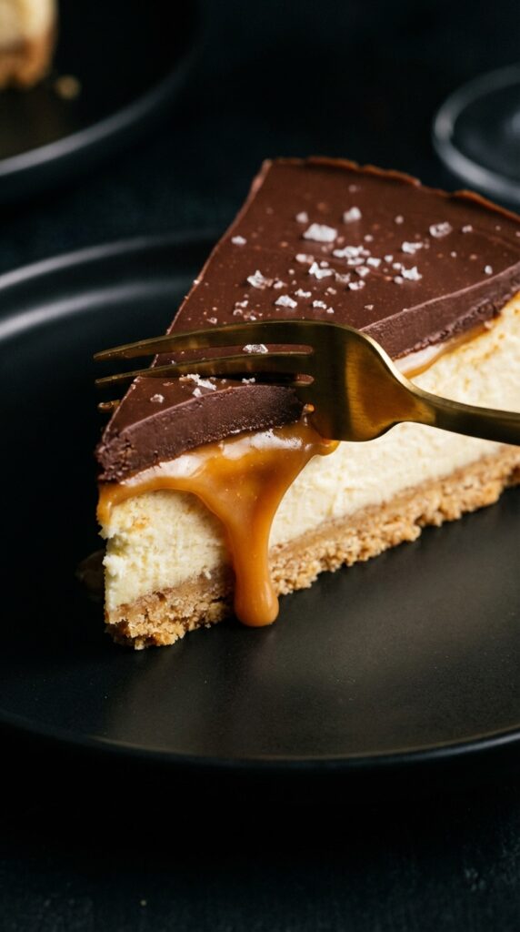 A close-up of a slice of millionaire cheesecake on a black plate, with a gold fork cutting into it, showing the layers and a caramel drip.