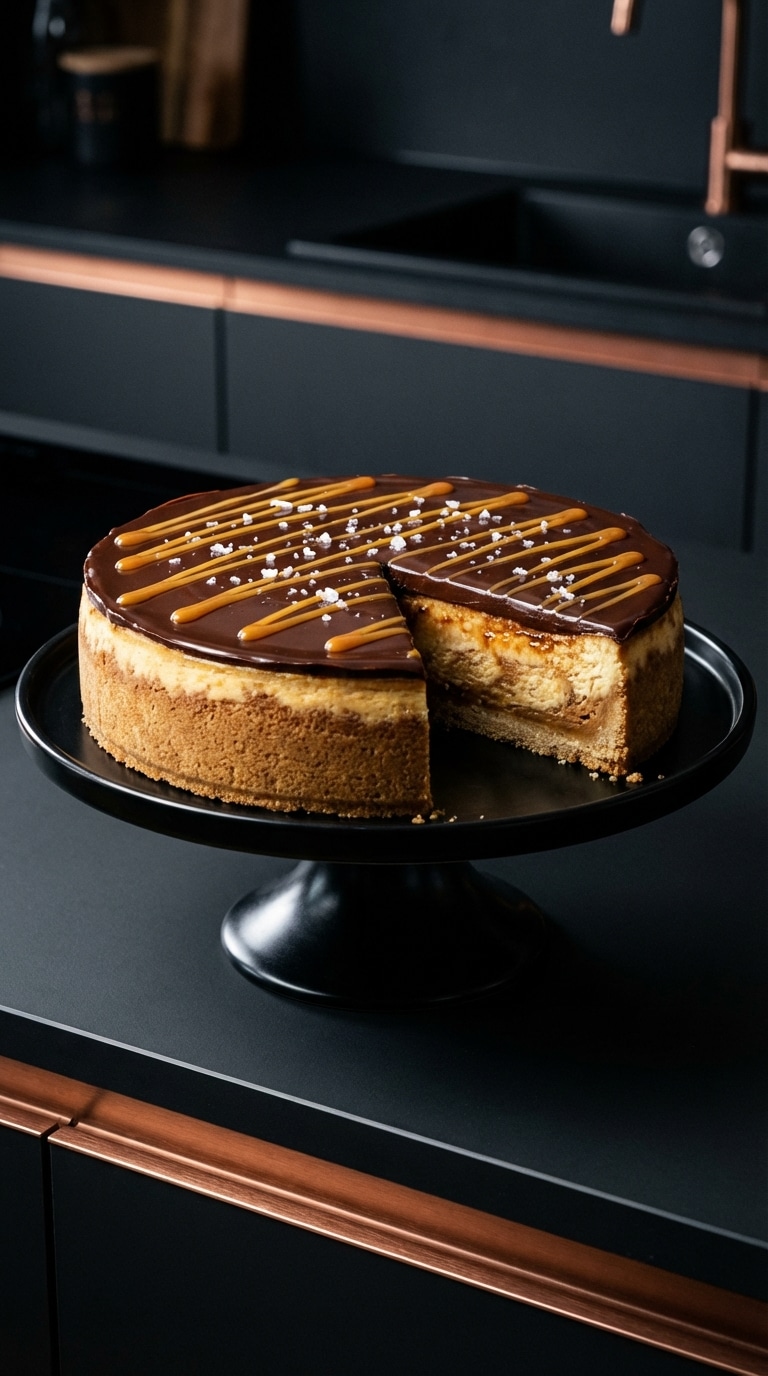 A whole millionaire cheesecake with a slice missing, showing layers of shortbread crust, caramel cheesecake, caramel sauce, and chocolate ganache topping.