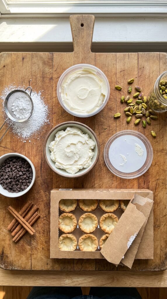 A flat lay showing ricotta, mascarpone, mini phyllo shells, powdered sugar, chocolate chips, and pistachios on a wooden board.