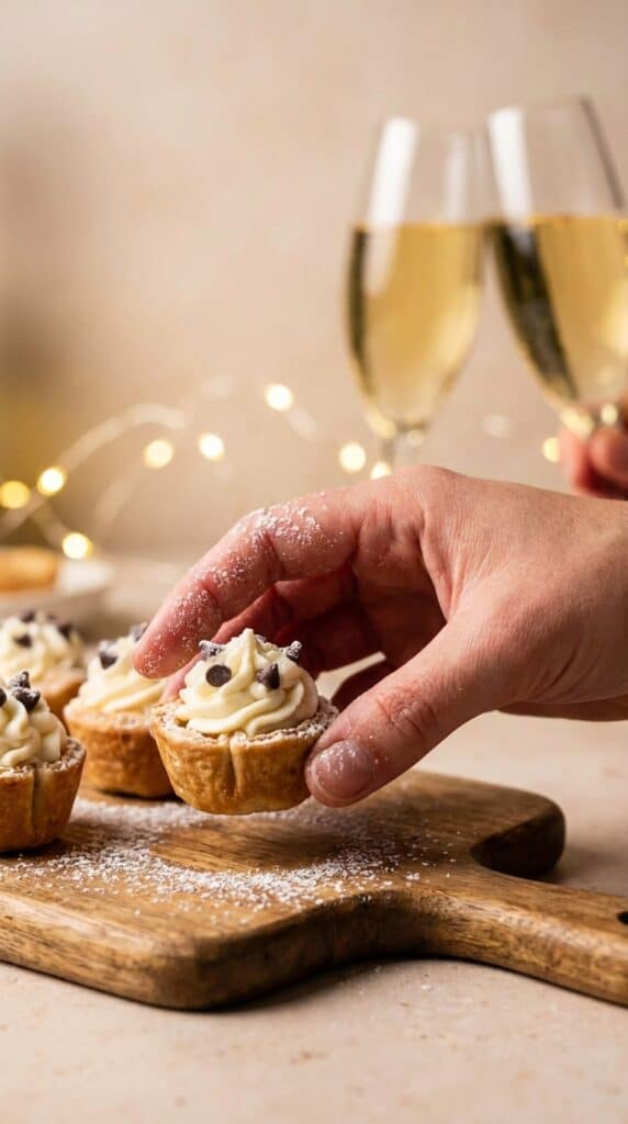 A close-up of a hand holding a single bite-sized mini cannoli cup with festive lights in the background.