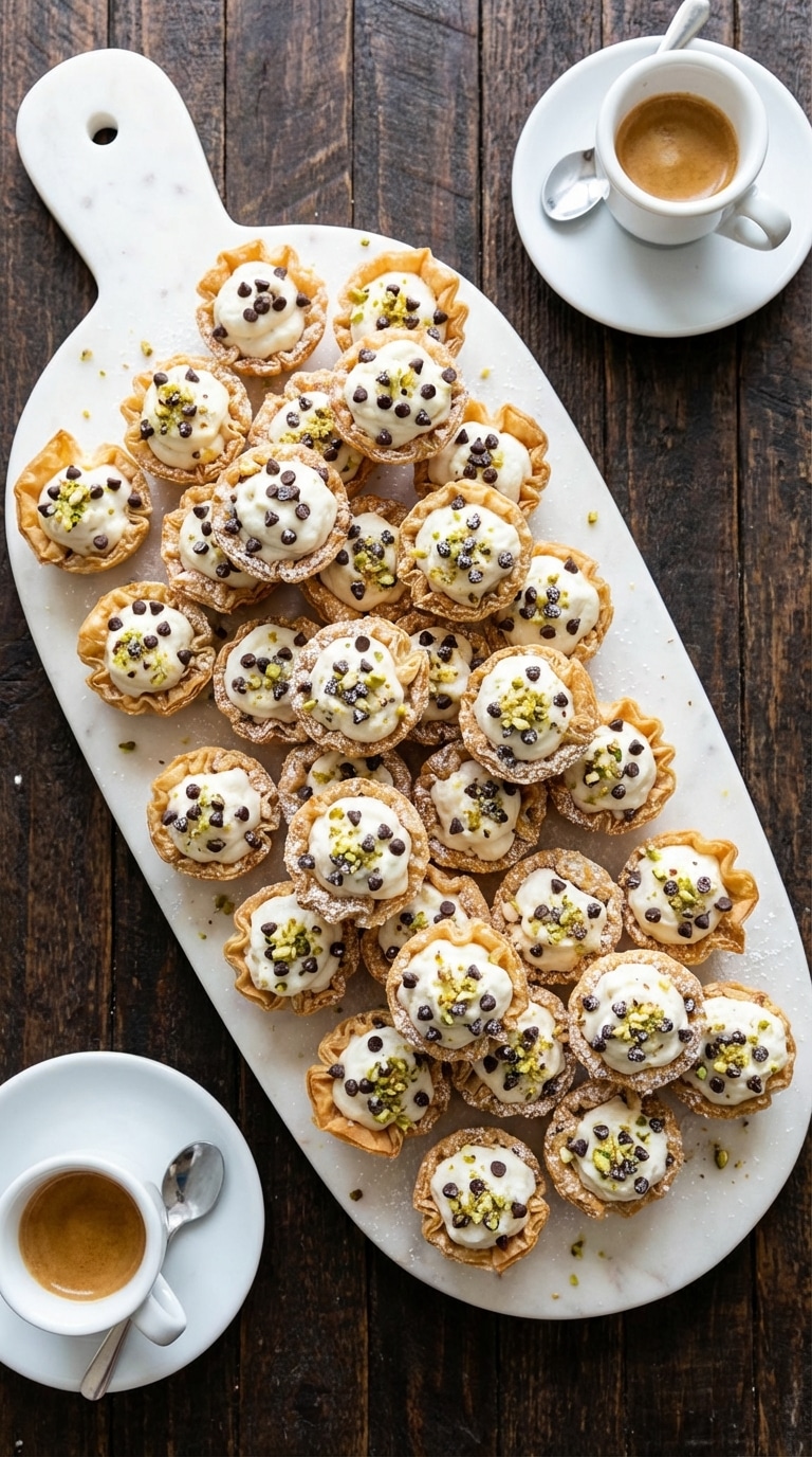 A marble platter filled with mini phyllo pastry cups piped with creamy cannoli filling, topped with chocolate chips and pistachios.