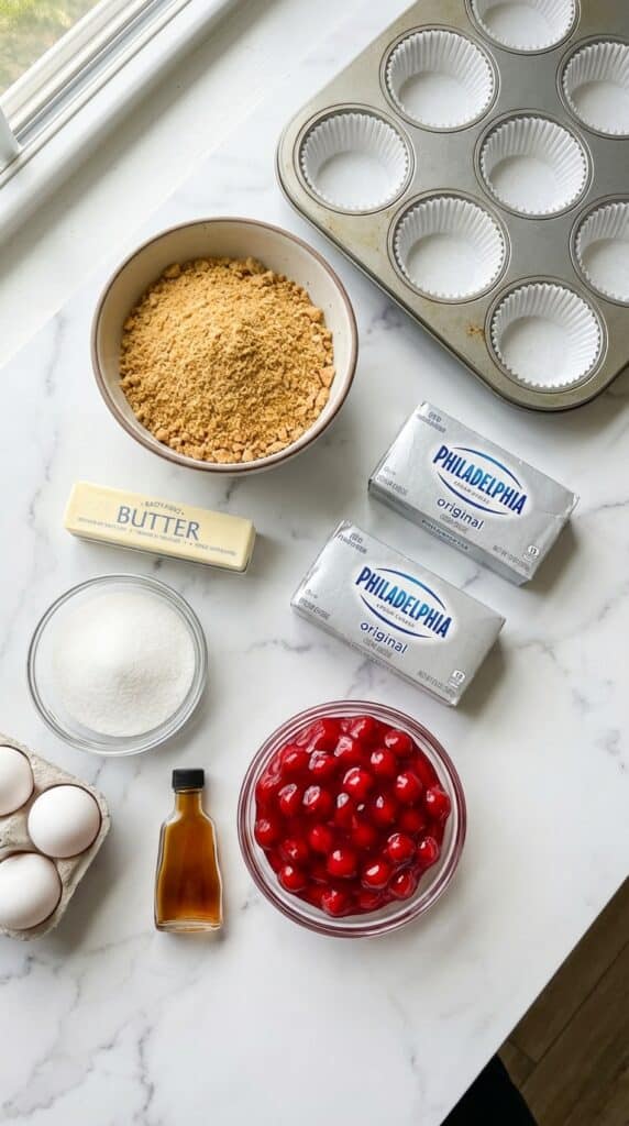 A flat lay showing crushed graham crackers, cream cheese, eggs, sugar, cherry filling, and a muffin tin on a marble surface.