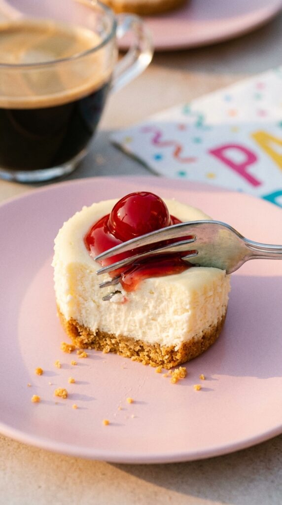 A close-up of a dessert fork cutting into an unwrapped mini cherry cheesecake on a pink plate, showing the creamy texture.