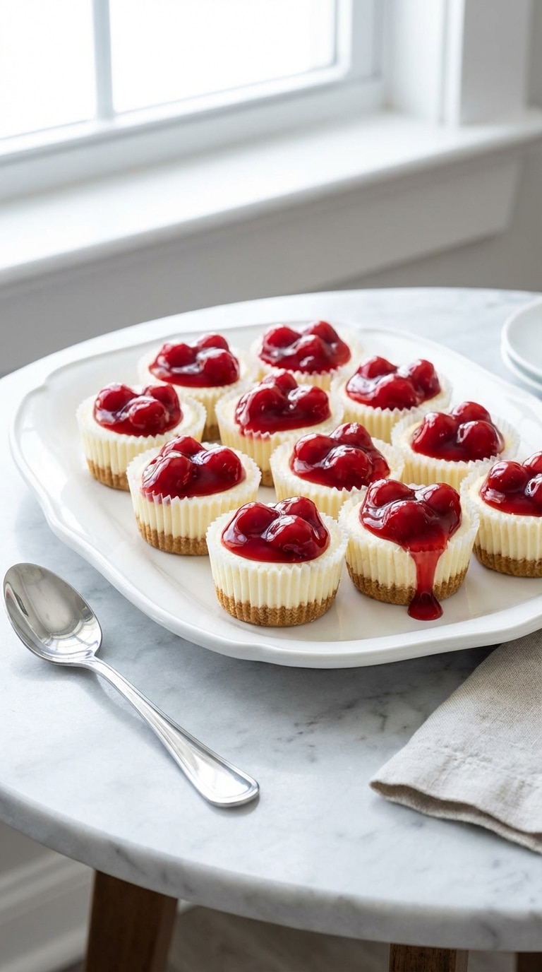 A white platter filled with mini cheesecakes in paper liners, each topped with glossy cherry pie filling