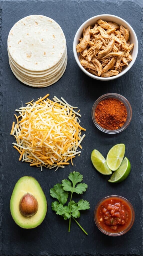 A flat lay showing mini flour tortillas, shredded chicken, shredded cheese, taco seasoning, and an avocado on a slate board.