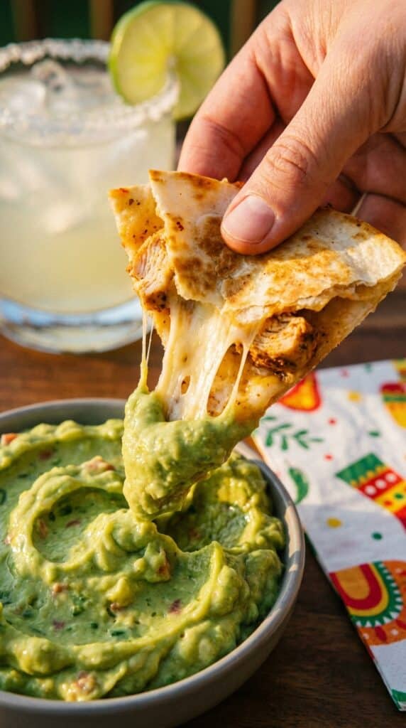 A close-up of a hand dipping a cheesy, crispy mini chicken quesadilla into a bowl of guacamole, with a visible cheese pull.