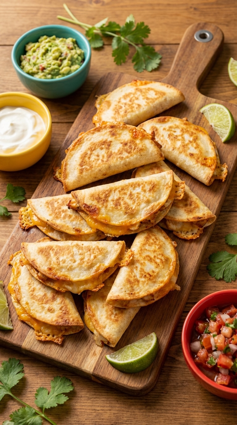 A wooden serving board piled with crispy mini chicken quesadillas alongside bowls of guacamole, sour cream, and salsa.
