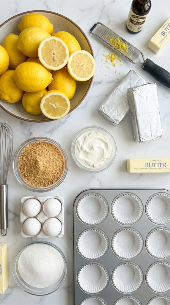 A flat lay showing lemons, cream cheese, sour cream, graham cracker crumbs, sugar, eggs, and a lined muffin tin on a marble surface.