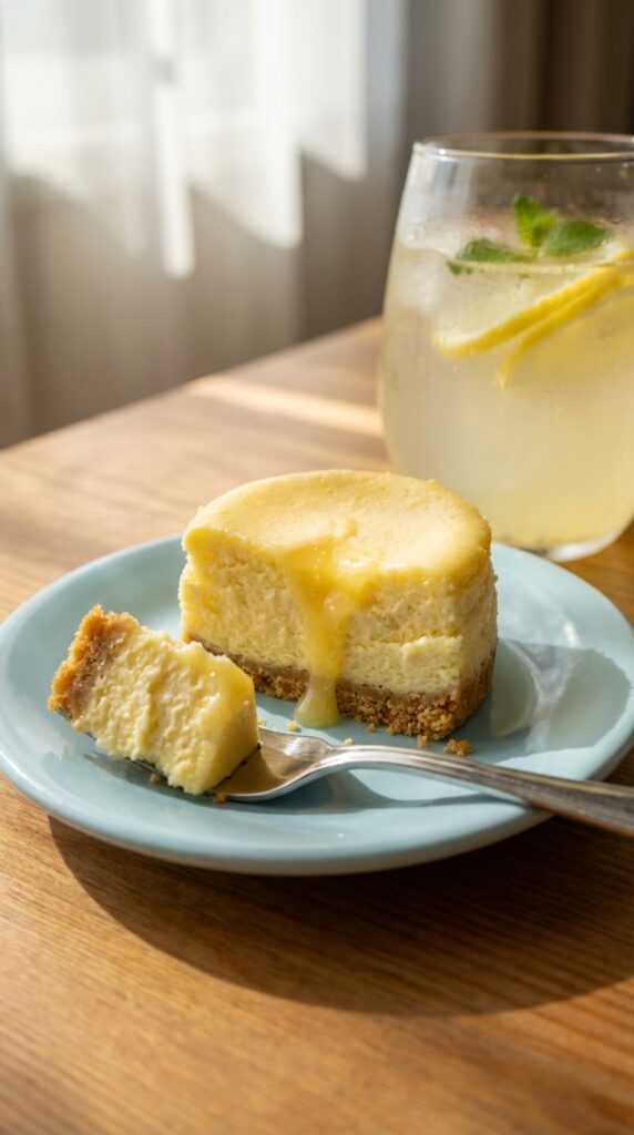 A close-up of a mini lemon cheesecake with a bite taken out by a fork, showing the creamy texture and crumbly crust.