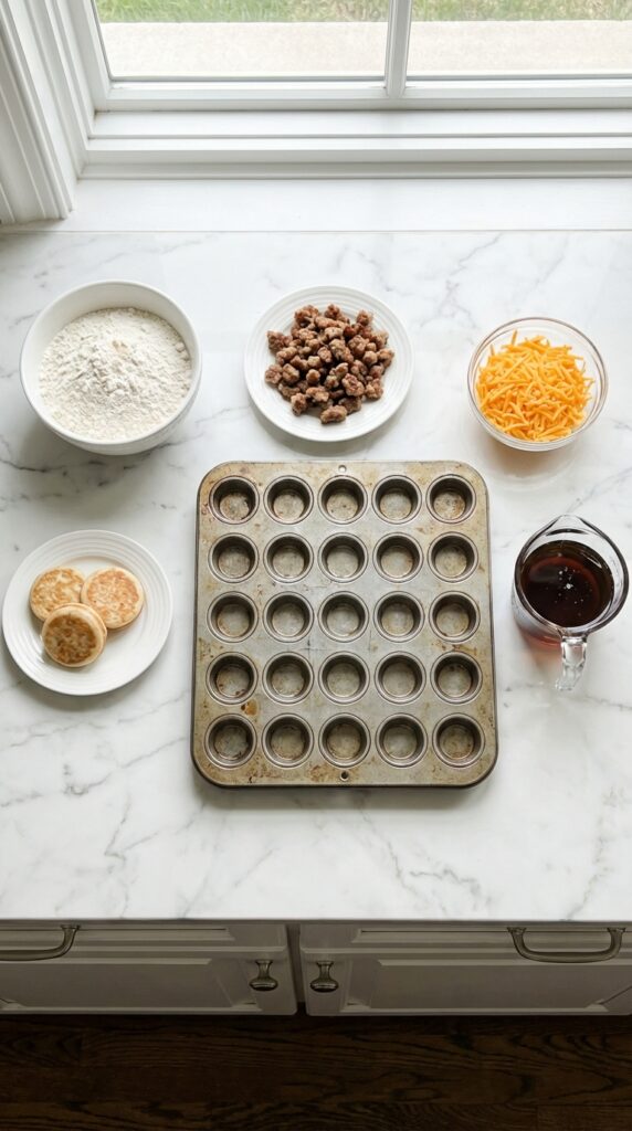 A flat lay showing a mini muffin tin surrounded by pancake mix, chopped sausage, shredded cheddar cheese, and maple syrup on a marble surface.