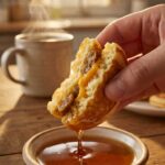 A close-up of a hand dipping a torn open pancake, sausage, and cheese bite into a small bowl of maple syrup.
