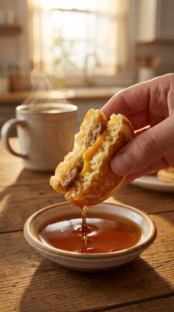 A close-up of a hand dipping a torn open pancake, sausage, and cheese bite into a small bowl of maple syrup.