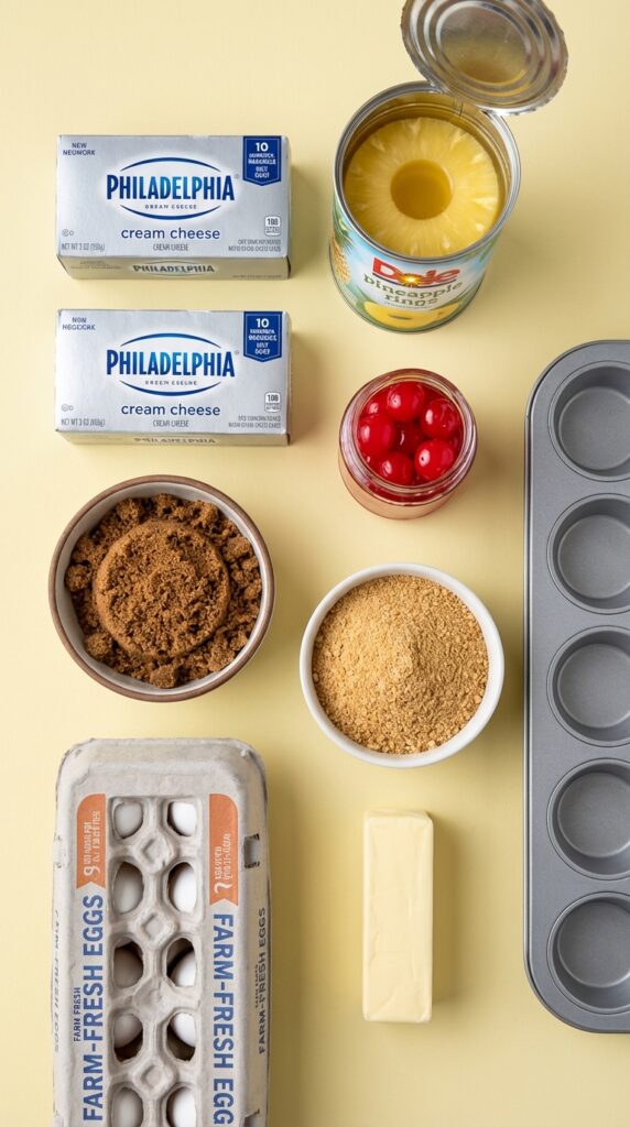A flat lay showing cream cheese, canned pineapple rings, maraschino cherries, brown sugar, graham cracker crumbs, and a muffin tin.