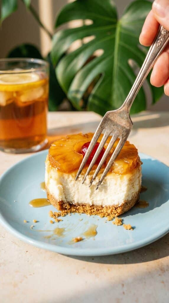 A close-up of a fork cutting into a mini pineapple upside-down cheesecake, showing the creamy filling and juicy topping.