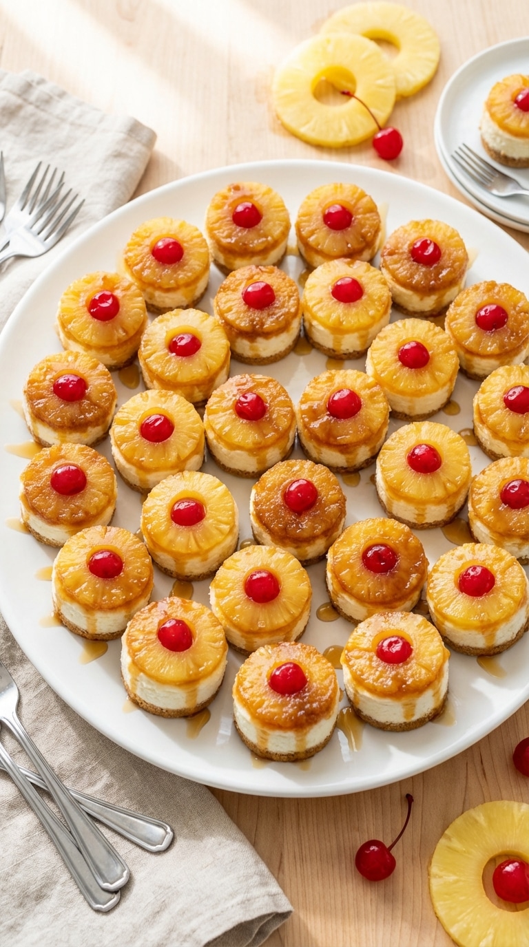 A white platter holding several mini pineapple upside-down cheesecakes, topped with caramelized pineapple and a cherry.