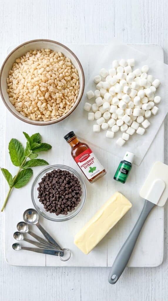 A flat lay showing crisp rice cereal, mini marshmallows, butter, mini chocolate chips, green food coloring, and peppermint extract.