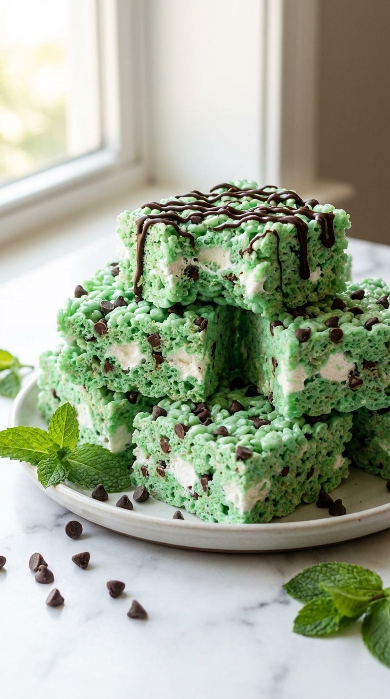 A stack of thick, bright green mint chocolate chip Rice Krispie treats drizzled with dark chocolate on a marble counter.