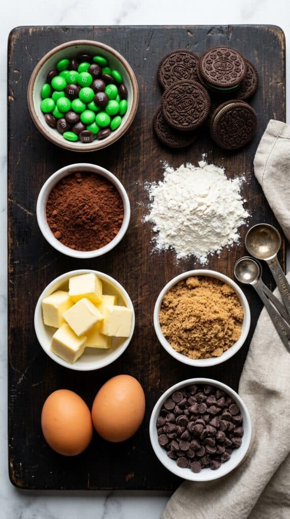 A flat lay showing mint sandwich cookies, green and brown chocolate candies, cocoa powder, butter, flour, and eggs on a dark wooden board.