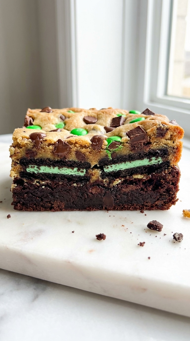 A close-up cross-section of a brookie showing a fudge brownie bottom, mint chocolate sandwich cookies in the middle, and a cookie dough top with green candies.