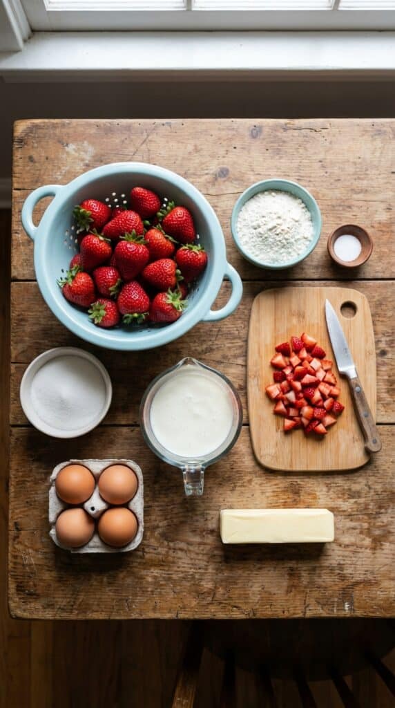 A flat lay showing fresh strawberries in a colander, diced strawberries on a board, flour, sugar, butter, eggs, and buttermilk on a wooden table.