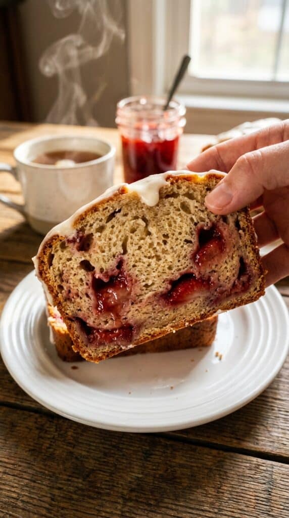 A close-up of a hand holding a thick slice of strawberry bread, showing the moist texture and jammy fruit pockets.