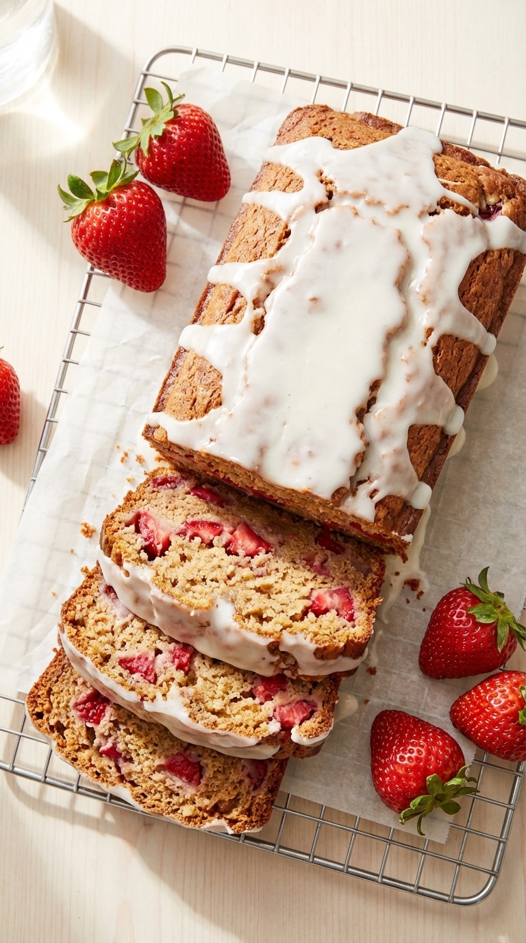 A glazed loaf of strawberry bread sliced on a wire rack, showing fresh strawberry chunks inside, surrounded by fresh berries.