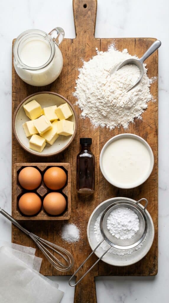 A flat lay showing butter, flour, eggs, milk, heavy cream, and powdered sugar on a wooden board.