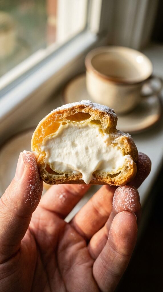 A close-up of a hand holding a bitten cream puff, showing the hollow pastry shell completely filled with white cream.