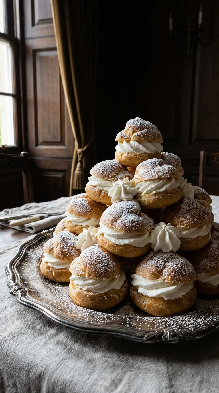 A towering stack of golden brown cream puffs filled with whipped cream and heavily dusted with powdered sugar on a silver platter.