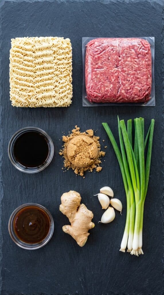 A flat lay showing ground beef, ramen noodles, soy sauce, brown sugar, ginger, garlic, and scallions on a dark slate board.
