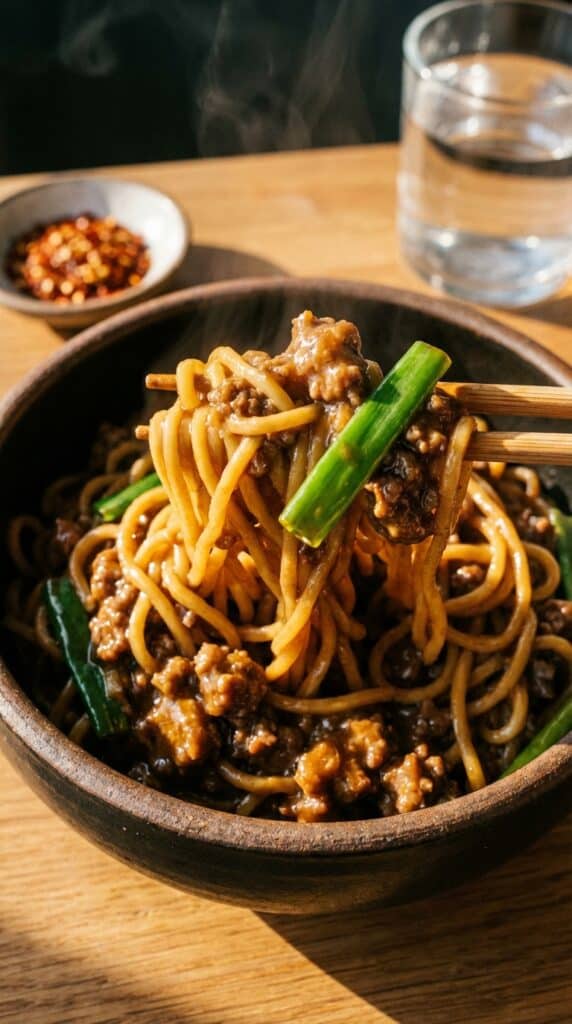 A close-up of wooden chopsticks lifting saucy Mongolian beef noodles out of a dark bowl.