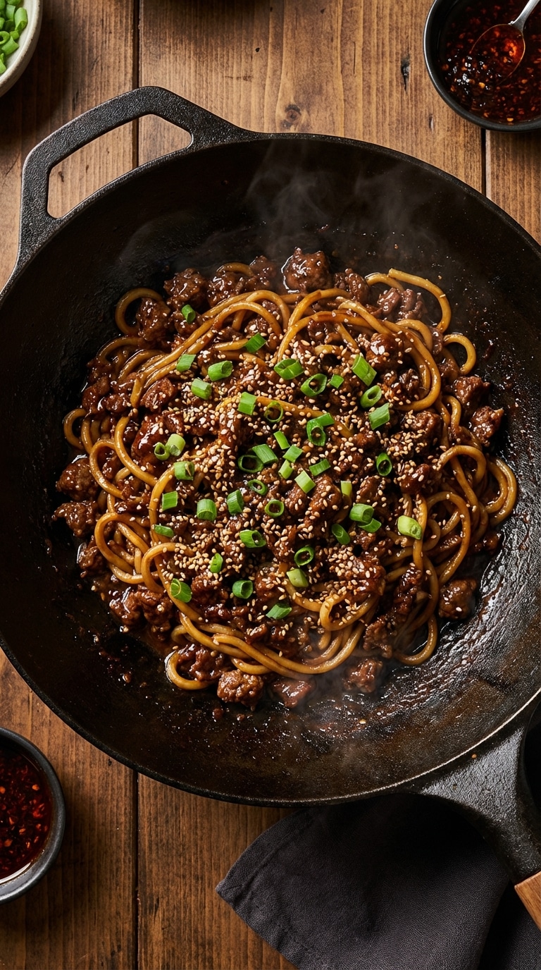 A top-down view of a wok filled with saucy noodles and ground beef, garnished with green onions and sesame seeds.