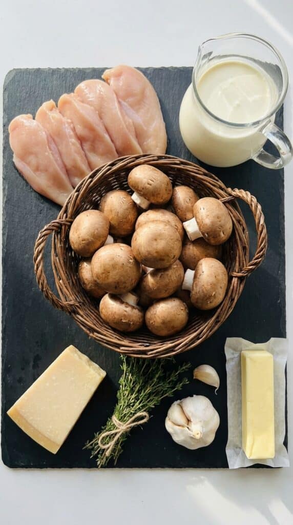 A flat lay showing raw chicken cutlets, brown mushrooms, heavy cream, parmesan, garlic, butter, and thyme on a dark slate board.