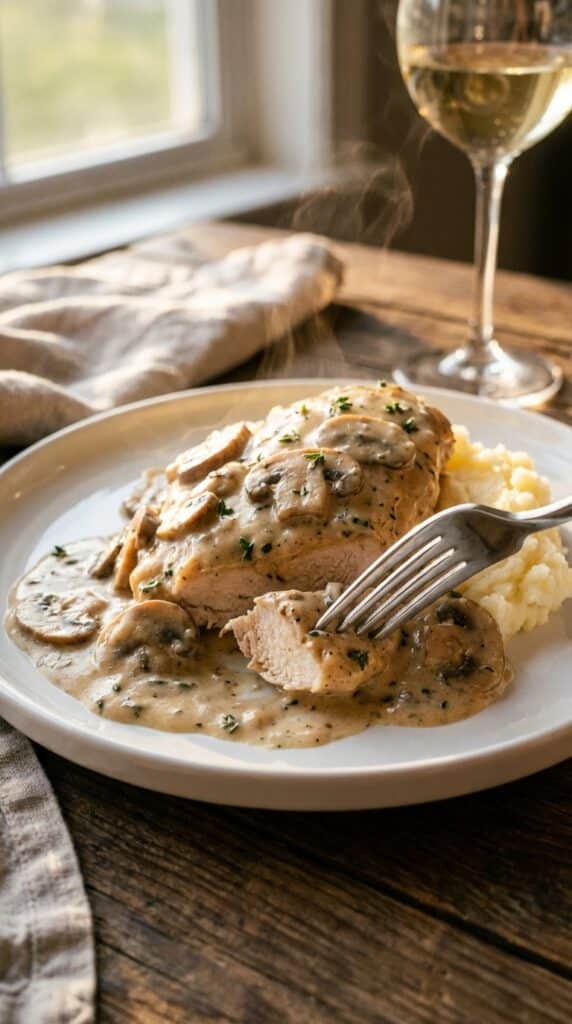 A close-up of a fork cutting into creamy mushroom chicken served over a bed of mashed potatoes.