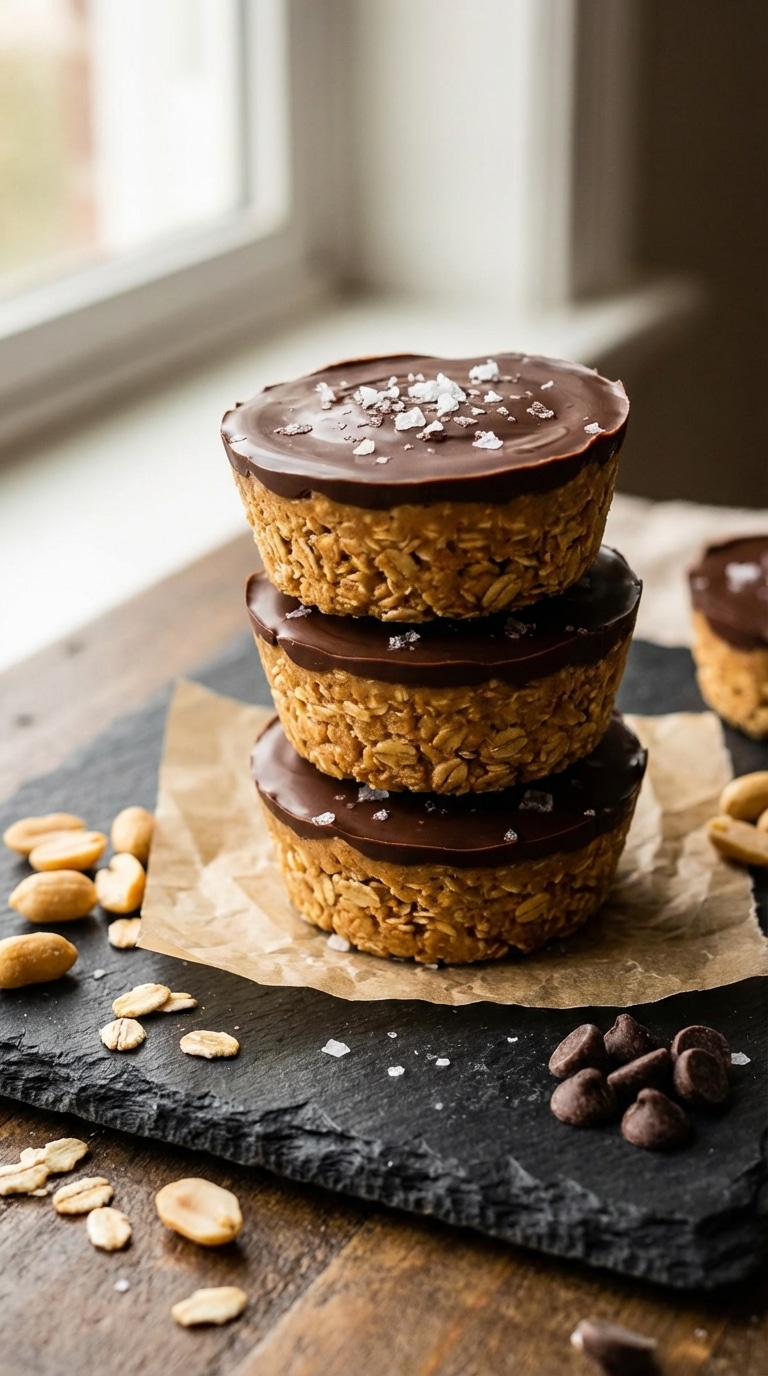 A stack of no-bake peanut butter oat cups topped with dark chocolate and flaky sea salt on a slate board.