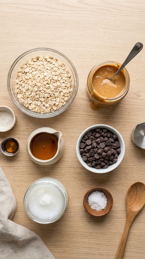 A flat lay showing rolled oats, natural peanut butter, maple syrup, chocolate chips, coconut oil, and sea salt on a wooden surface.