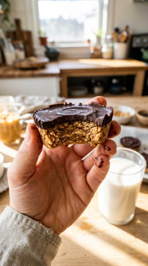 A close-up of a hand holding a half-eaten peanut butter oat cup, showing the chewy oat texture and chocolate layer.