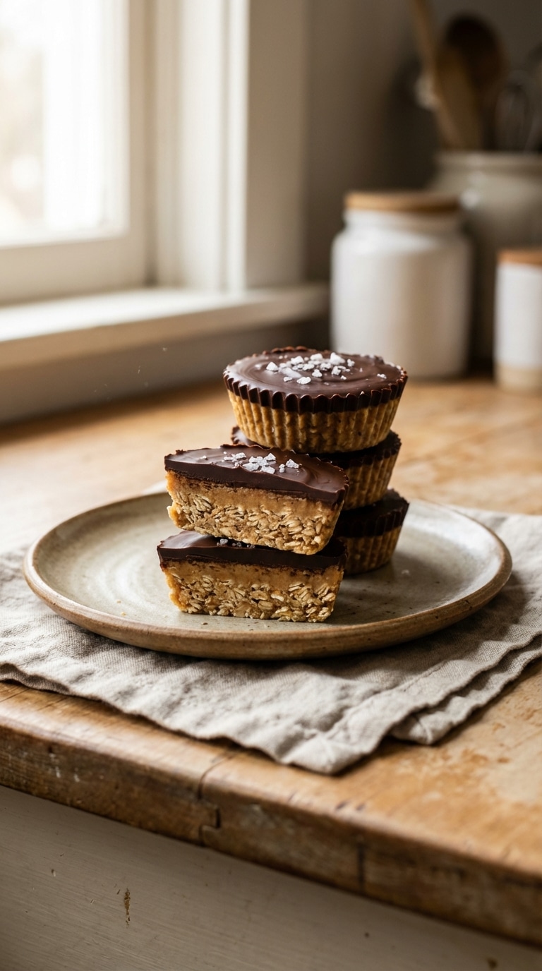 A stack of no-bake peanut butter oat cups topped with dark chocolate and flaky sea salt, with one cut in half to show the texture.
