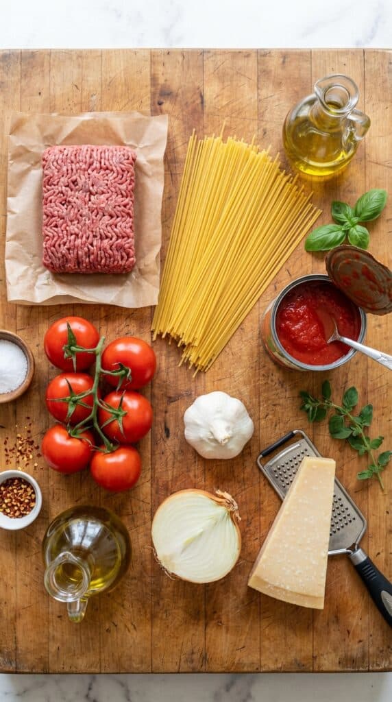 A flat lay showing dry spaghetti, raw ground beef, fresh tomatoes, garlic, onion, and parmesan cheese on a wooden board.