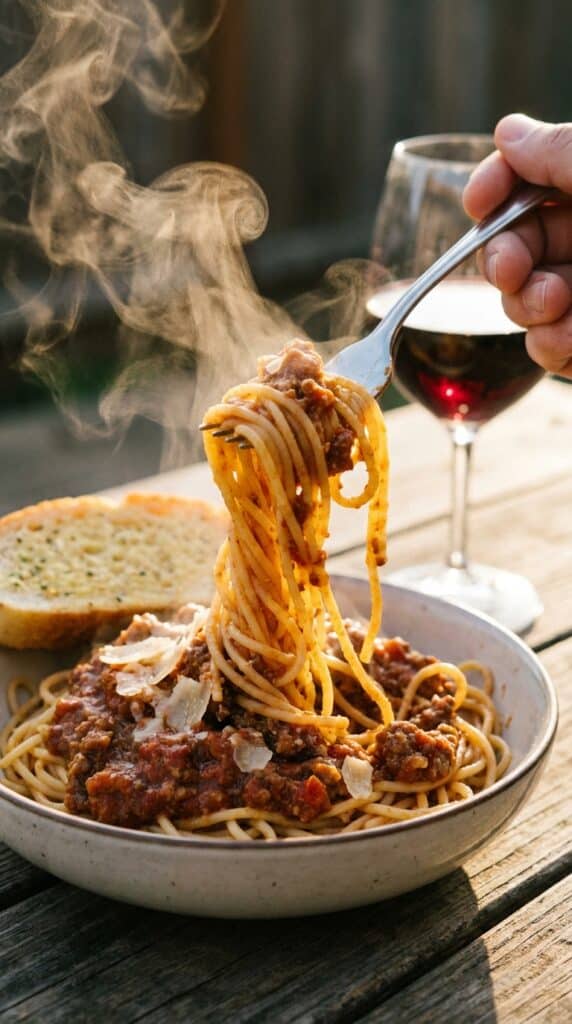 A close-up of a fork twirling spaghetti coated in thick meat sauce with a piece of garlic bread in the background.