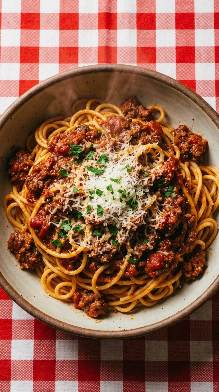 A top-down view of a rustic bowl filled with spaghetti and thick meat sauce, garnished with parmesan cheese and parsley.