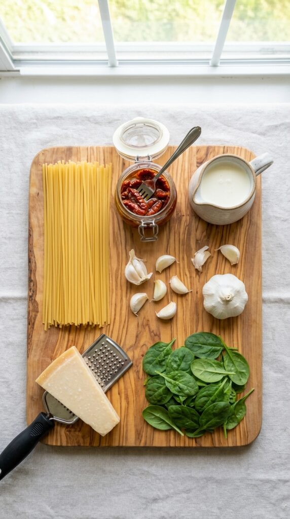 A flat lay showing dry linguine, a jar of sun-dried tomatoes, heavy cream, garlic, parmesan, and spinach on a wooden board.