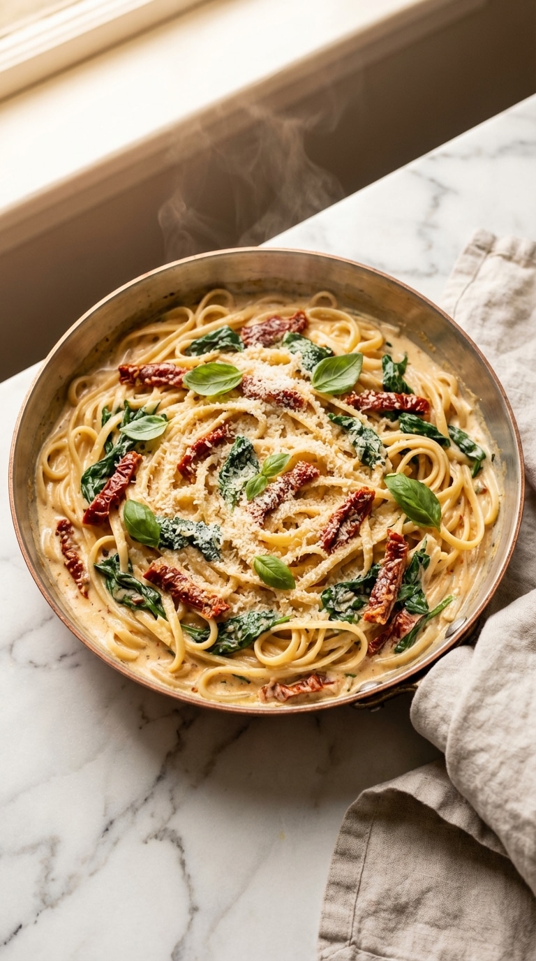 A top-down view of a copper skillet filled with creamy pasta, sun-dried tomatoes, spinach, and fresh basil.