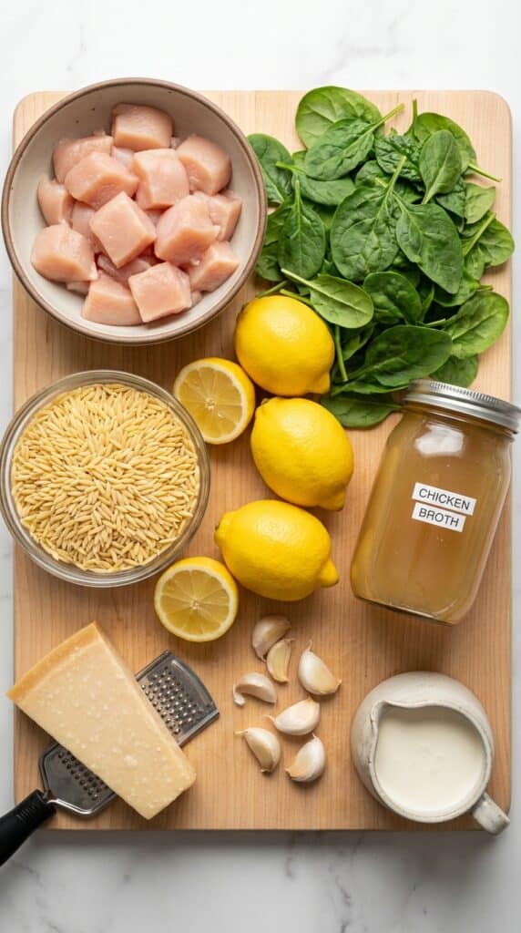 A flat lay showing raw cubed chicken, dry orzo pasta, fresh lemons, baby spinach, broth, and parmesan cheese on a wooden board.